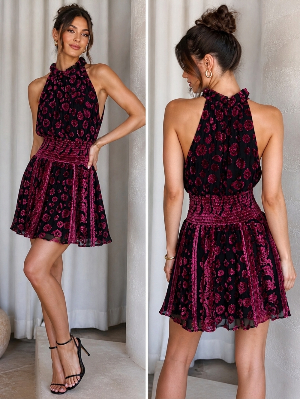 Ramy Brook Naima Burnout Velvet Floral Dress Black Pink Halter Mini